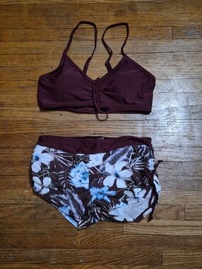 Burgundy Floral Two-Piece Swim Set